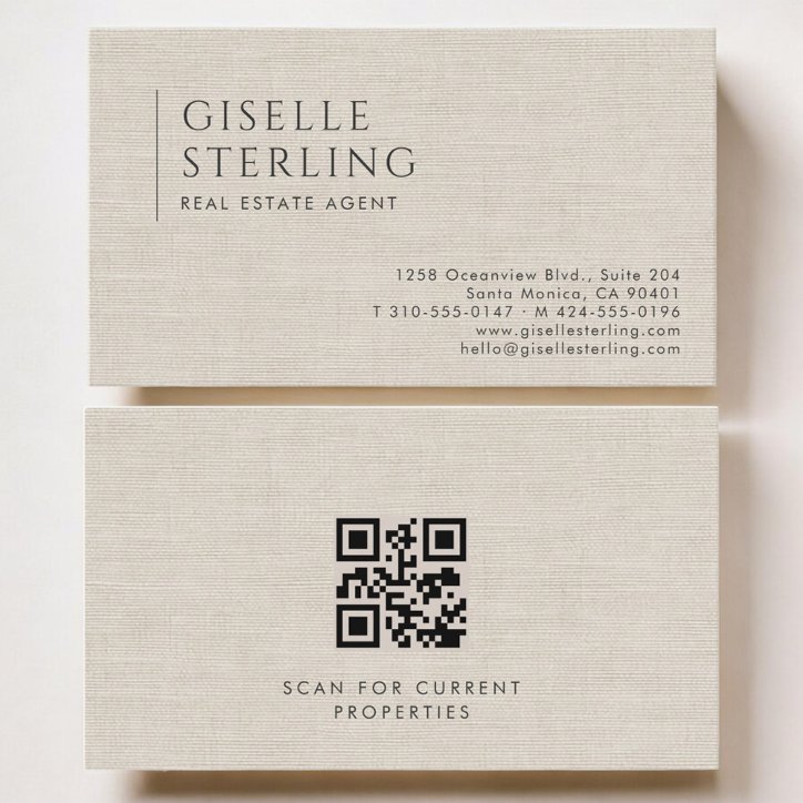 Real Estate Agent Luxury Neutral Linen QR Code Business Card