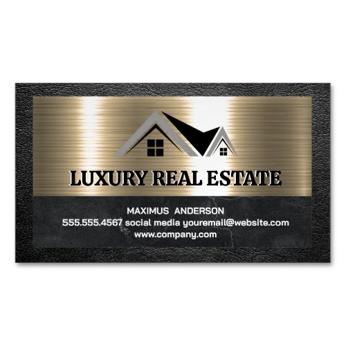 Real Estate Agent  Metallic Gold Leather Business Card Magnet
