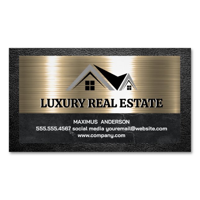 Real Estate Agent | Metallic Gold Leather Business Card Magnet (Front)