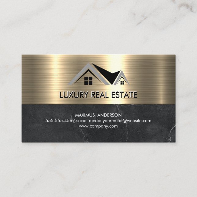 Real Estate Agent | Metallic Gold Marble Business Card (Front)