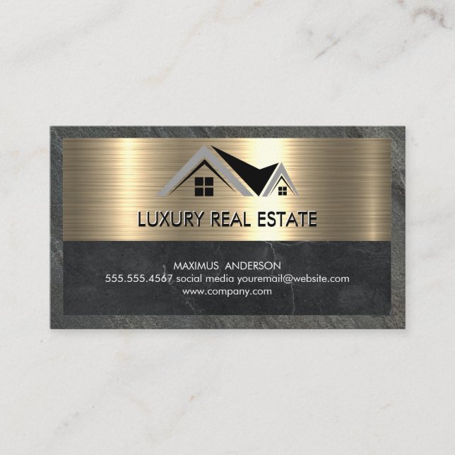 Real Estate Agent | Metallic Gold Marble Slate Business Card (Front)
