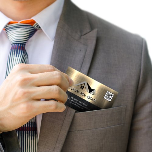 Real Estate Agent  Metallic Gold  QR Code Business Card