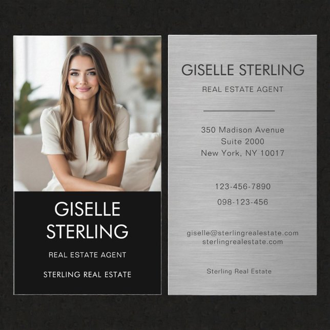 Real Estate Agent Metallic Silver Photo  Business Card (Creator Uploaded)