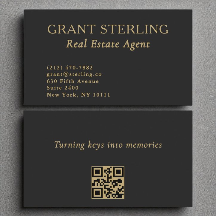 Real Estate Agent Minimalist Black Gold QR Code Business Card