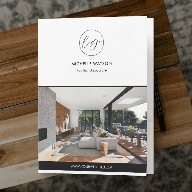 Real Estate Agent Minimalist Simple Logo Photo Pocket Folder (Minimalist black and white business marketing pocket folder with your logo and custom photos)