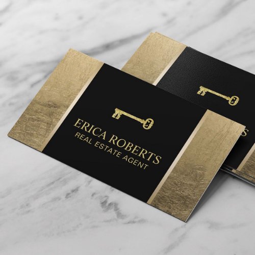 Real Estate Agent Modern Black  Gold Business Card