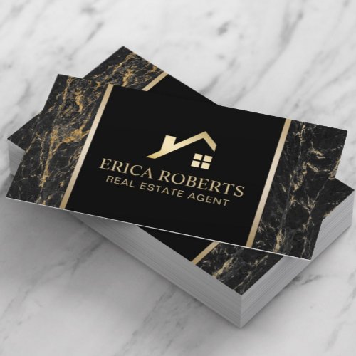 Real Estate Agent Modern Black  Gold Marble Business Card