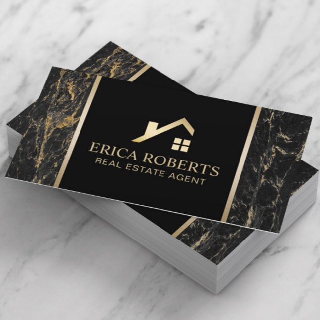 Real Estate Agent Modern Black & Gold Marble Business Card (Creator Uploaded)