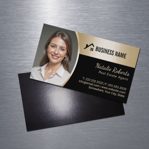 Real Estate Agent Modern Black Gold Realtor Photo Business Card Magnet