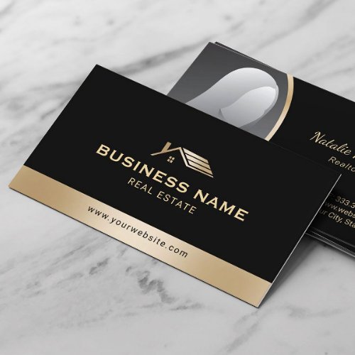 Real Estate Agent Modern Gold House Logo Photo Business Card
