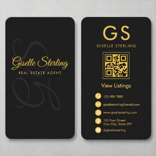 Real Estate Agent Monogram Black Gold QR Code Business Card