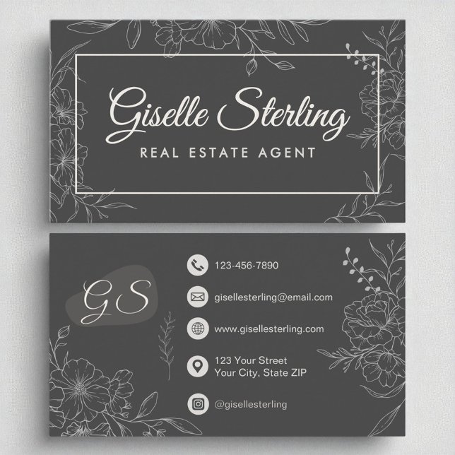 Real Estate Agent Moody Charcoal Gray Floral  Business Card (Creator Uploaded)