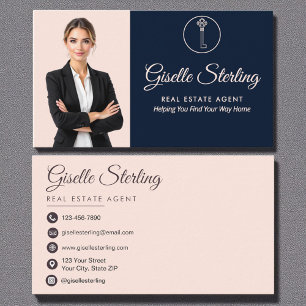 Real Estate Agent Navy Blue Blush Pink Photo  Business Card