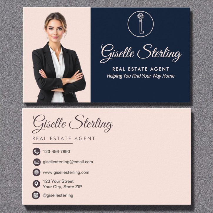 Real Estate Agent Navy Blue Blush Pink Photo Business Card