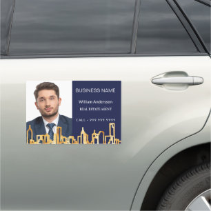 Real estate agent navy blue gold photo city car magnet