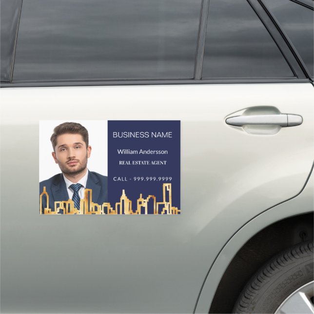 Real estate agent navy blue gold photo city car magnet (In Situ)