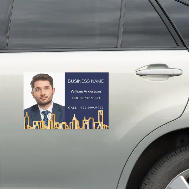 Real estate agent navy blue gold photo city car magnet | Zazzle