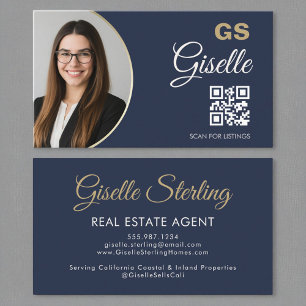 Real Estate Agent Navy Blue Gold Photo QR Code Business Card