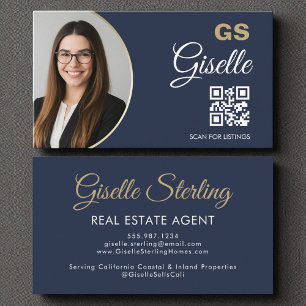 Real Estate Agent Navy Blue Gold Photo QR Code Business Card