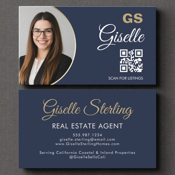 Real Estate Agent Navy Blue Gold Photo QR Code Business Card