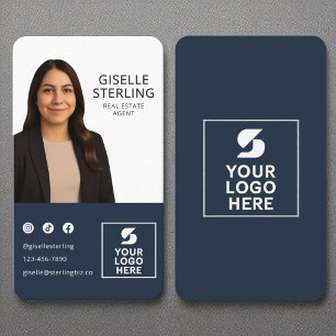Real Estate Agent Navy Blue Photo Logo Portrait  Business Card