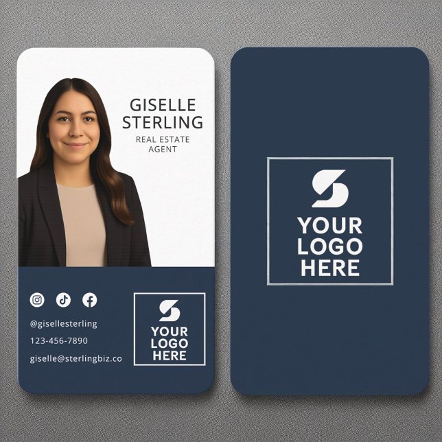 Real Estate Agent Navy Blue Photo Logo Portrait  Business Card (Creator Uploaded)