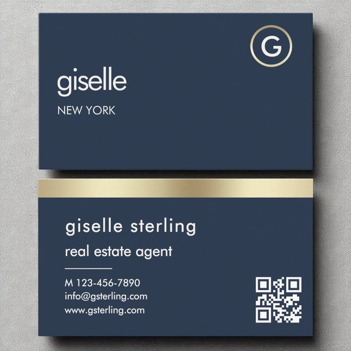 Real Estate Agent Navy Blue QR Code Gold Monogram Business Card