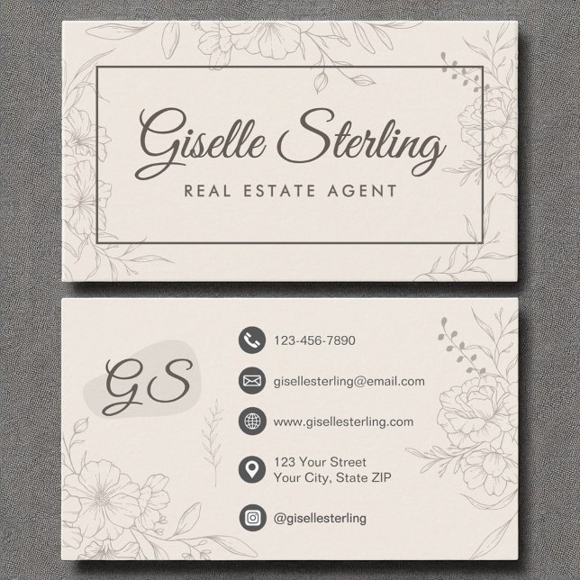 Real Estate Agent Neutral Ivory Floral Elegant Business Card (Creator Uploaded)
