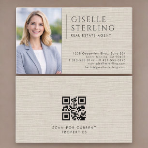 Real Estate Agent Neutral Linen Photo QR Code Business Card