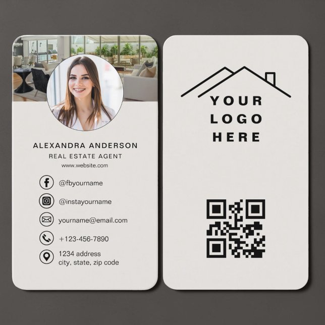 Real Estate Agent Photo Beige QR Code  Business Card (Creator Uploaded)