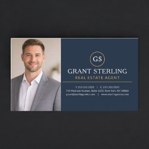 Real Estate Agent Photo Navy Blue Gold Business Card