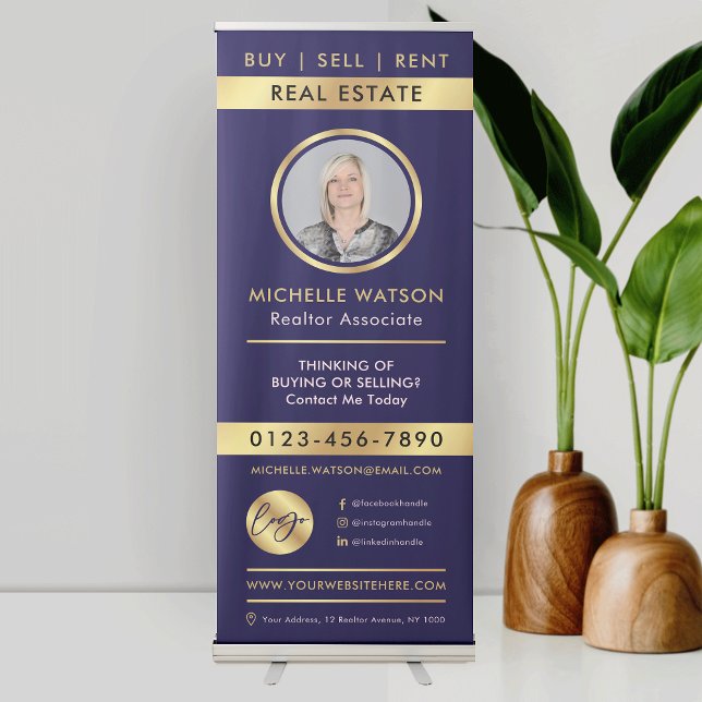 Real Estate Agent Photo Navy & Gold Logo Marketing Retractable Banner (Real Estate Navy & Gold marketing banner with space for your photo, logo and contact details)