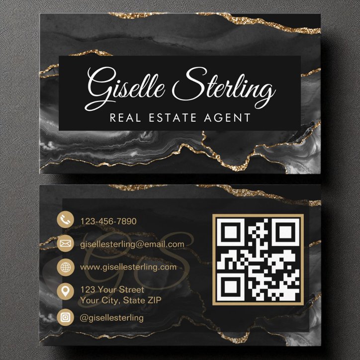 Real Estate Agent QR Code Black Gold Agate Luxury Business Card