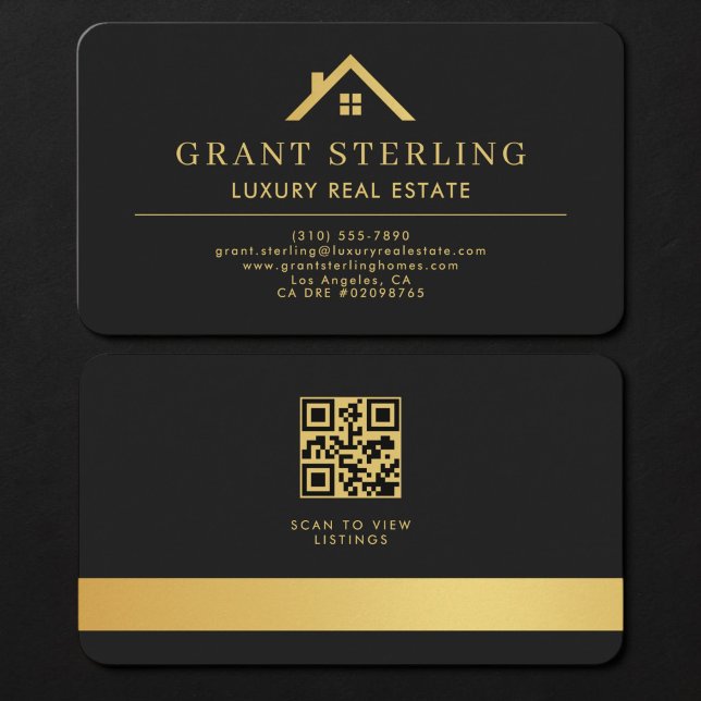 Real Estate Agent QR Code Black Gold Business Card (Creator Uploaded)