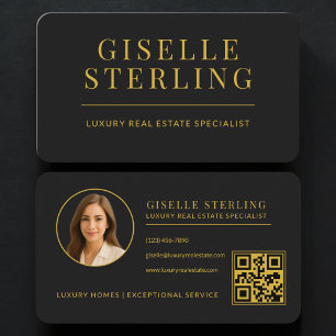Real Estate Agent QR Code Black Gold  Business Card