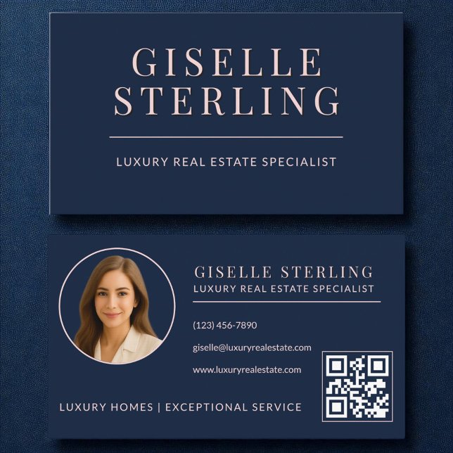 Real Estate Agent QR Code Blush Pink Navy Blue  Business Card (Creator Uploaded)