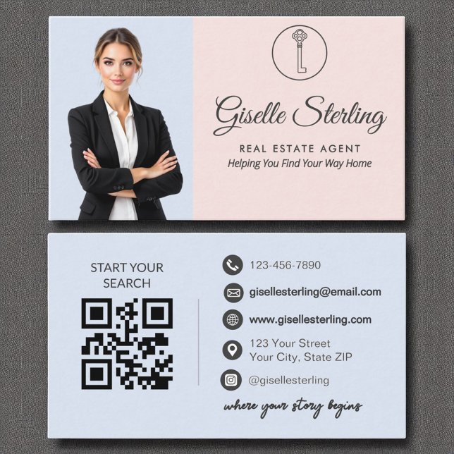 Real Estate Agent QR Code French Blue Blush Photo  Business Card (Creator Uploaded)