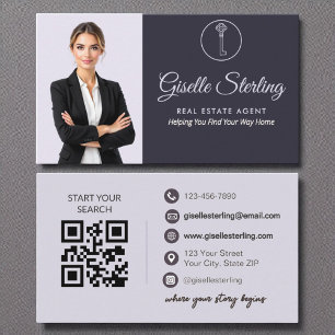 Real Estate Agent QR Code Lilac Purple Photo  Business Card
