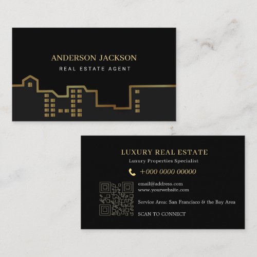 Real Estate Agent QR Code Luxury Black Gold Calling Card