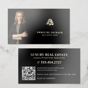 Real estate agent QR code luxury black gold Foil Business Cards