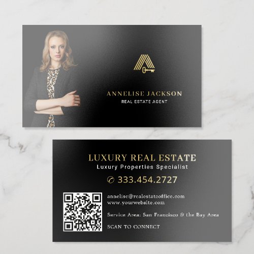 Real estate agent QR code luxury black gold Foil Business Cards
