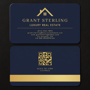 Real Estate Agent QR Code Navy Blue Gold Business Card