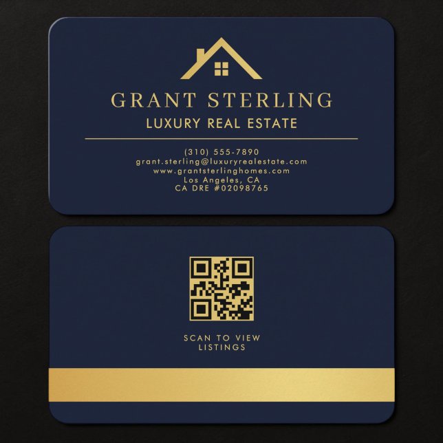 Real Estate Agent QR Code Navy Blue Gold Business Card (Creator Uploaded)