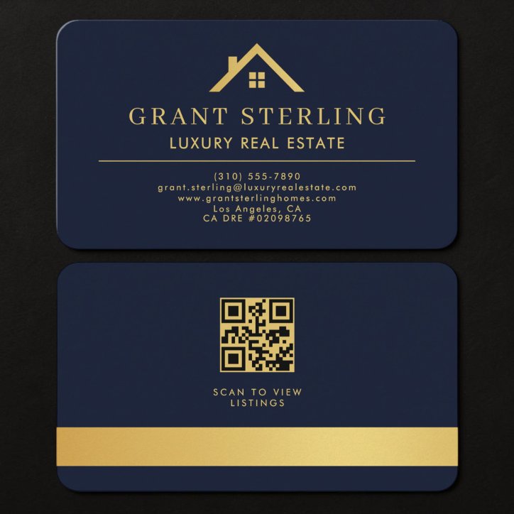 Real Estate Agent QR Code Navy Blue Gold Business Card