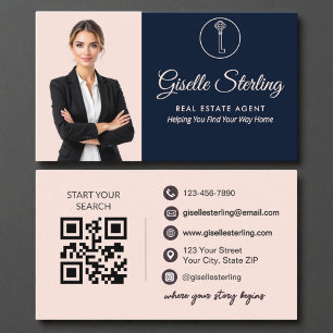 Real Estate Agent QR Code Navy Blush Photo Business Card