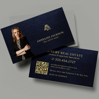 Real estate agent QR code photo luxury navy gold Business Card