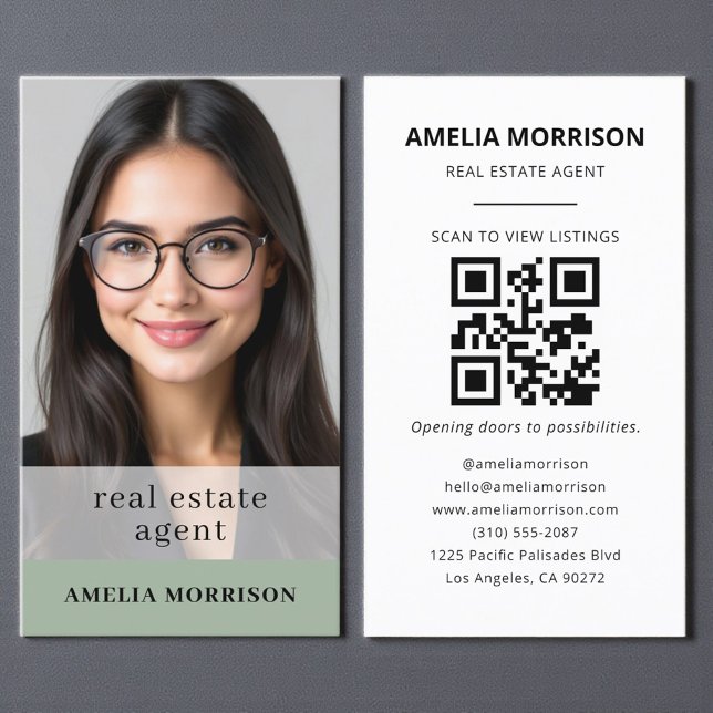 Real Estate Agent QR Code Photo Sage Green  Business Card (Creator Uploaded)
