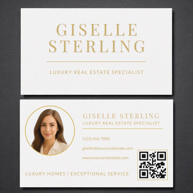 Real Estate Agent QR Code Photo White Gold Business Card (Creator Uploaded)