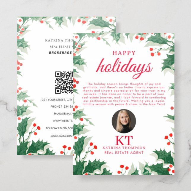 Real Estate Agent Realtor Christmas Happy Holidays Letterpress Photo Cards (Front/Back)