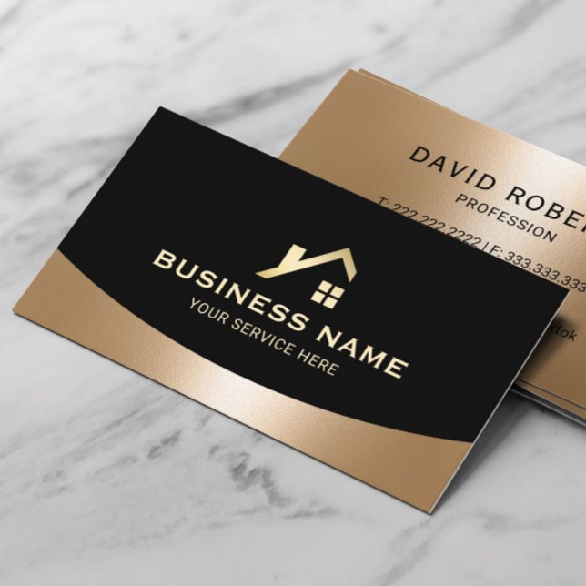 Real Estate Agent Realtor Gold House Logo Black Business Card (Creator Uploaded)